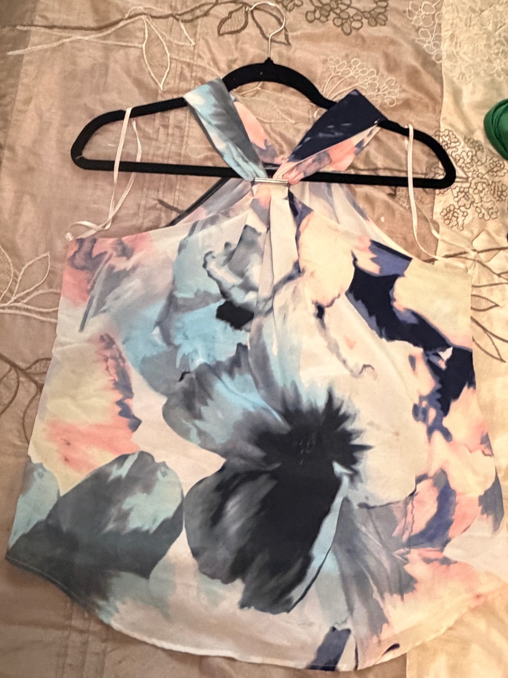 Calvin Klein Sleeveless Floral Halter Camisole in Pastel Blue, Pink & Navy